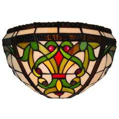 Tiffany wandlamp Sierlijke Ranken met Rood Ruitaccent – Crème, Groen & Rood – B 28,5 cm (Art. 7713)