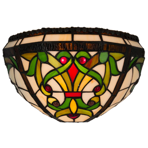 Tiffany wandlamp Sierlijke Ranken met Rood Ruitaccent – Crème, Groen & Rood – B 28,5 cm (Art. 7713)