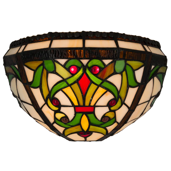 Tiffany wandlamp Sierlijke Ranken met Rood Ruitaccent – Crème, Groen & Rood – B 28,5 cm (Art. 7713)