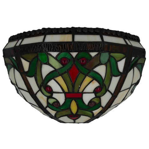 Tiffany Wandleuchte mit eleganten Ranken und rotem Rautenakzent – Creme, Grün & Rot – B 28,5 cm (Art. 7713)