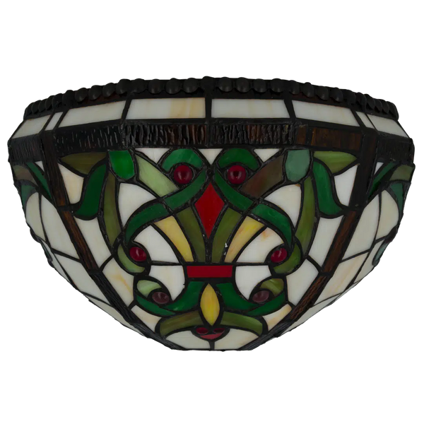 Tiffany wandlamp Sierlijke Ranken met Rood Ruitaccent – Crème, Groen & Rood – B 28,5 cm (Art. 7713)