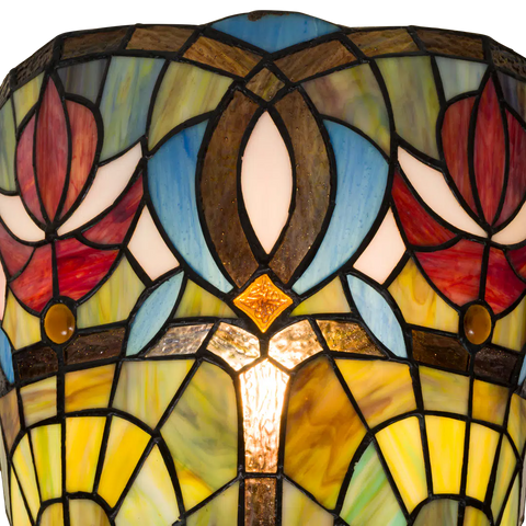 Tiffany Wandleuchte mit Blüten & Fächerbögen – Cremegelb, Rot & Blau – B 28 cm (Art. 7714)