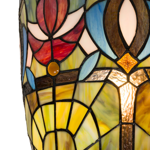 Tiffany Wandleuchte mit Blüten & Fächerbögen – Cremegelb, Rot & Blau – B 28 cm (Art. 7714)