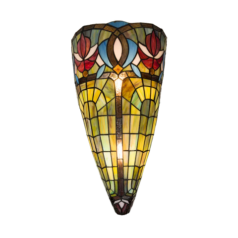 Tiffany Wandleuchte mit Blüten & Fächerbögen – Cremegelb, Rot & Blau – B 28 cm (Art. 7714)