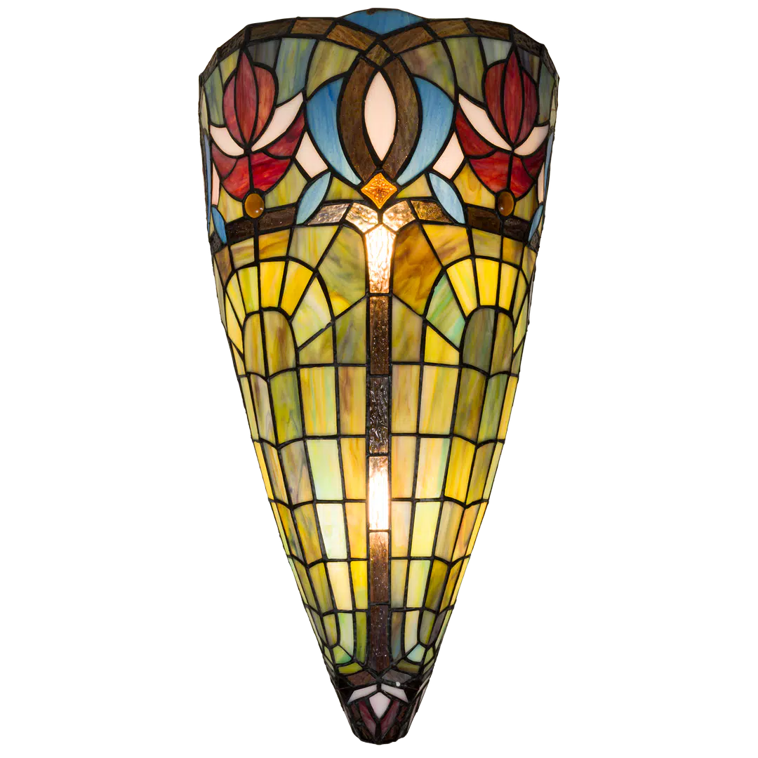 Tiffany Wandleuchte mit Blüten & Fächerbögen – Cremegelb, Rot & Blau – B 28 cm (Art. 7714)