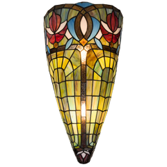 Tiffany Wandleuchte mit Blüten & Fächerbögen – Cremegelb, Rot & Blau – B 28 cm (Art. 7714)