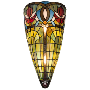 Tiffany Wandleuchte mit Blüten & Fächerbögen – Cremegelb, Rot & Blau – B 28 cm (Art. 7714)