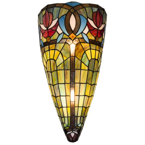 Tiffany Wandleuchte mit Blüten & Fächerbögen – Cremegelb, Rot & Blau – B 28 cm (Art. 7714)