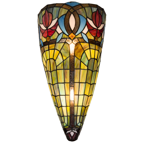 Tiffany Wandleuchte mit Blüten & Fächerbögen – Cremegelb, Rot & Blau – B 28 cm (Art. 7714)