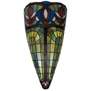 Tiffany Wandleuchte mit Blüten & Fächerbögen – Cremegelb, Rot & Blau – B 28 cm (Art. 7714)