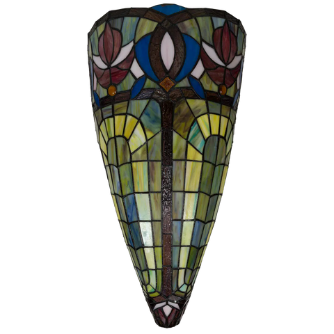 Tiffany Wandleuchte mit Blüten & Fächerbögen – Cremegelb, Rot & Blau – B 28 cm (Art. 7714)