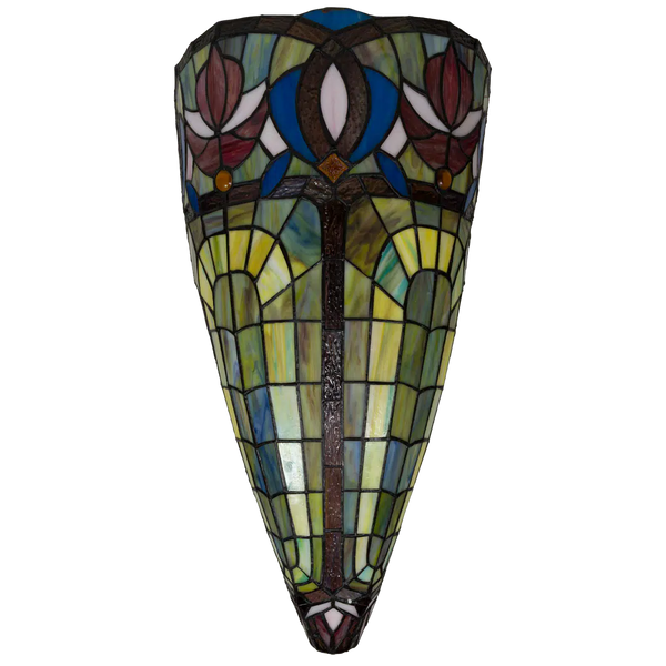 Tiffany Wandleuchte mit Blüten & Fächerbögen – Cremegelb, Rot & Blau – B 28 cm (Art. 7714)