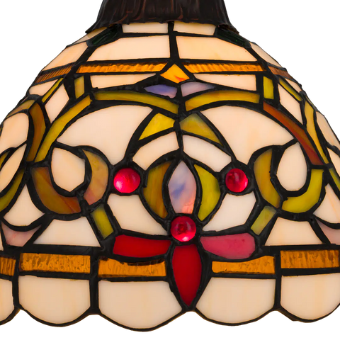 Tiffany Wandleuchte mit geschwungenen Ornamenten und gebogenem Arm – Creme, Bernstein & Rot – B 20 cm (Art. 7715)
