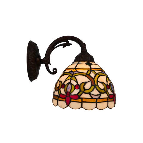 Tiffany Wandleuchte mit geschwungenen Ornamenten und gebogenem Arm – Creme, Bernstein & Rot – B 20 cm (Art. 7715)