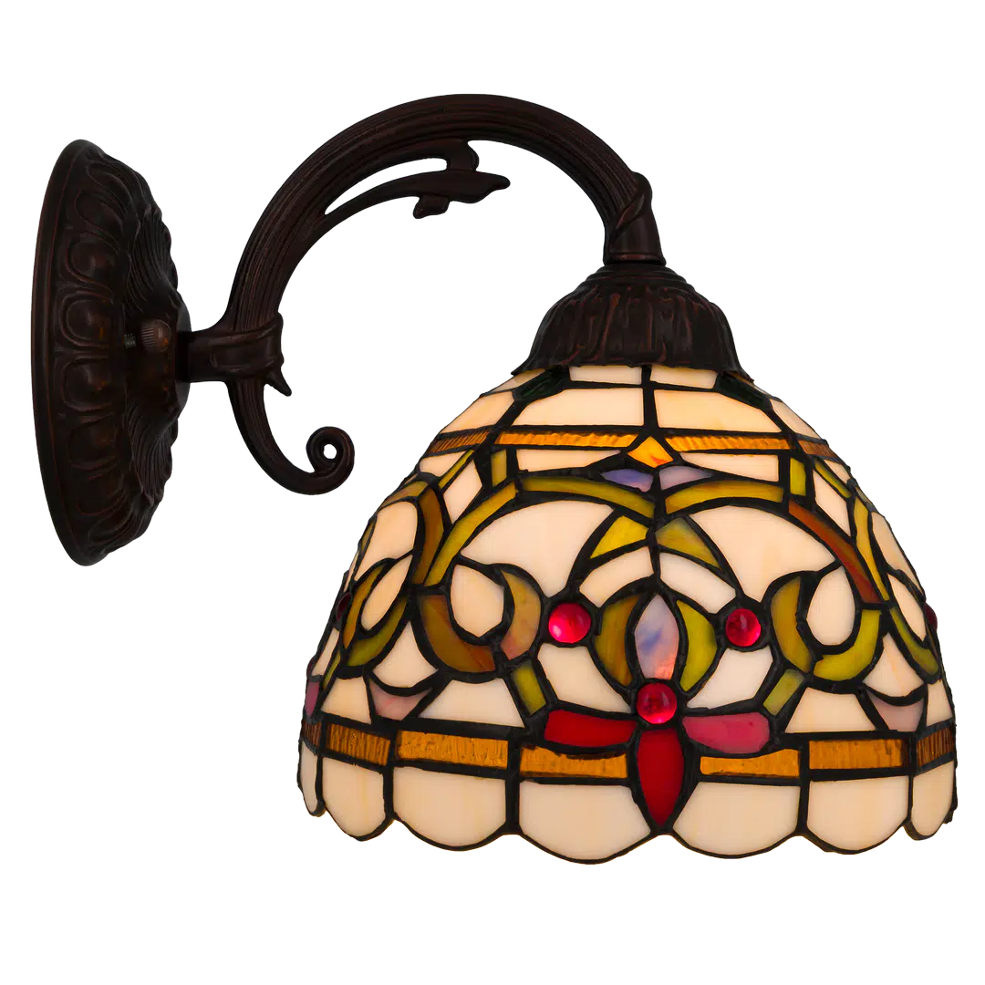 Tiffany Wandleuchte mit geschwungenen Ornamenten und gebogenem Arm – Creme, Bernstein & Rot – B 20 cm (Art. 7715)