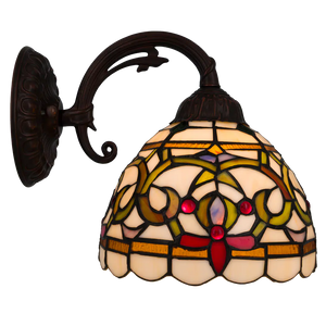 Tiffany Wandleuchte mit geschwungenen Ornamenten und gebogenem Arm – Creme, Bernstein & Rot – B 20 cm (Art. 7715)
