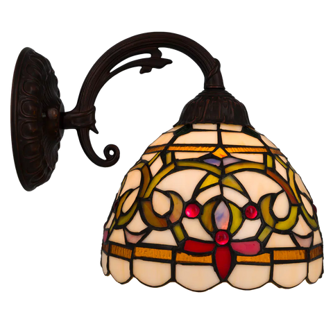 Tiffany Wandleuchte mit geschwungenen Ornamenten und gebogenem Arm – Creme, Bernstein & Rot – B 20 cm (Art. 7715)