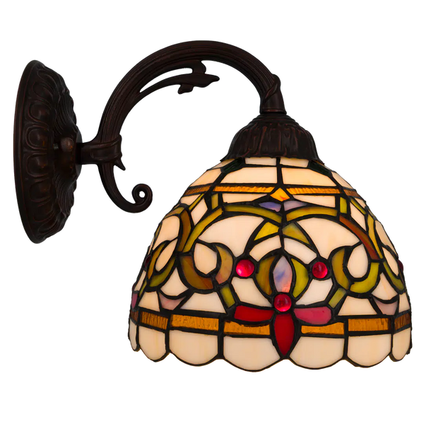 Tiffany Wandleuchte mit geschwungenen Ornamenten und gebogenem Arm – Creme, Bernstein & Rot – B 20 cm (Art. 7715)