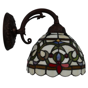 Tiffany Wandleuchte mit geschwungenen Ornamenten und gebogenem Arm – Creme, Bernstein & Rot – B 20 cm (Art. 7715)
