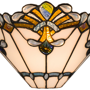 Tiffany Wandleuchte mit Fächermuster und Glasjuwelenakzenten – Creme, Bernstein & Blaugrün – B 33,5 cm (Art. 7716)