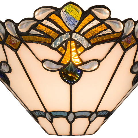 Tiffany Wandleuchte mit Fächermuster und Glasjuwelenakzenten – Creme, Bernstein & Blaugrün – B 33,5 cm (Art. 7716)