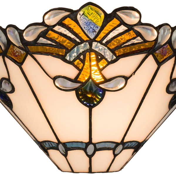 Tiffany Wandleuchte mit Fächermuster und Glasjuwelenakzenten – Creme, Bernstein & Blaugrün – B 33,5 cm (Art. 7716)