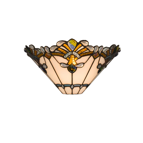 Tiffany Wandleuchte mit Fächermuster und Glasjuwelenakzenten – Creme, Bernstein & Blaugrün – B 33,5 cm (Art. 7716)
