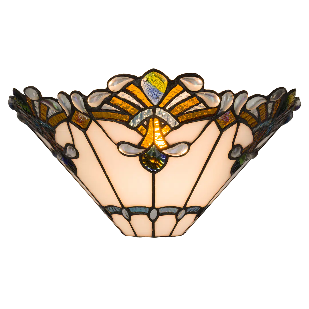 Tiffany Wandleuchte mit Fächermuster und Glasjuwelenakzenten – Creme, Bernstein & Blaugrün – B 33,5 cm (Art. 7716)