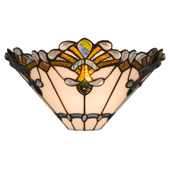 Tiffany Wandleuchte mit Fächermuster und Glasjuwelenakzenten – Creme, Bernstein & Blaugrün – B 33,5 cm (Art. 7716)