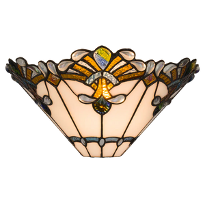 Tiffany Wandleuchte mit Fächermuster und Glasjuwelenakzenten – Creme, Bernstein & Blaugrün – B 33,5 cm (Art. 7716)