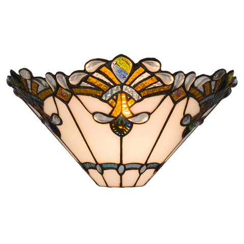 Tiffany Wandleuchte mit Fächermuster und Glasjuwelenakzenten – Creme, Bernstein & Blaugrün – B 33,5 cm (Art. 7716)