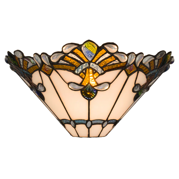 Tiffany Wandleuchte mit Fächermuster und Glasjuwelenakzenten – Creme, Bernstein & Blaugrün – B 33,5 cm (Art. 7716)