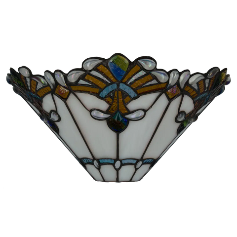 Tiffany Wandleuchte mit Fächermuster und Glasjuwelenakzenten – Creme, Bernstein & Blaugrün – B 33,5 cm (Art. 7716)