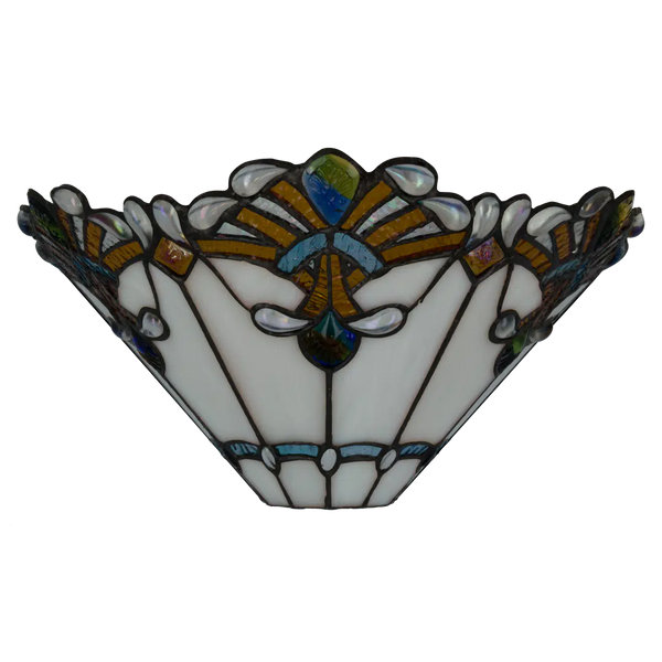 Tiffany Wandleuchte mit Fächermuster und Glasjuwelenakzenten – Creme, Bernstein & Blaugrün – B 33,5 cm (Art. 7716)