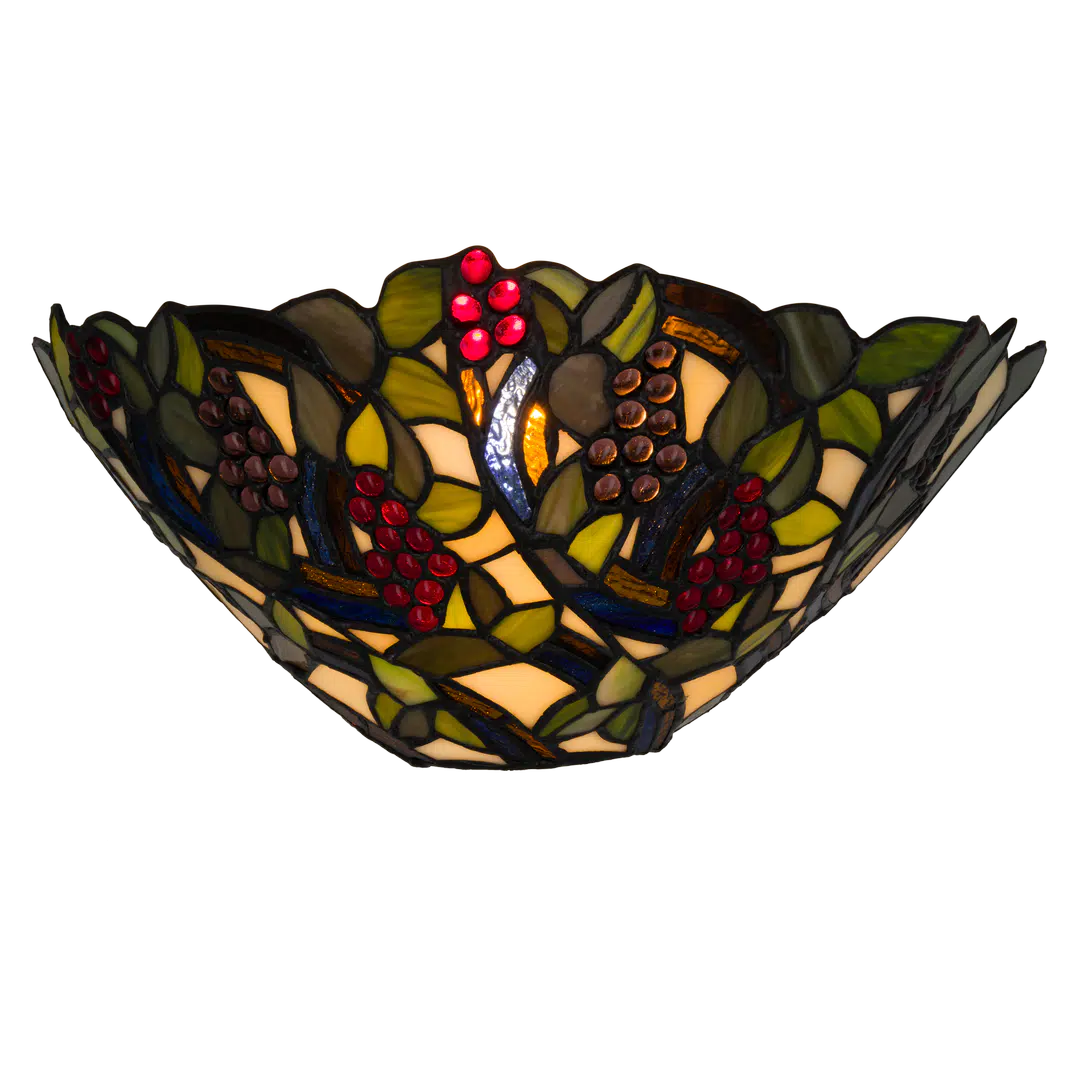 Tiffany Wandleuchte mit Weintrauben & Blättern – Creme, Grün & Rot – B 33 cm (Art. 7717)