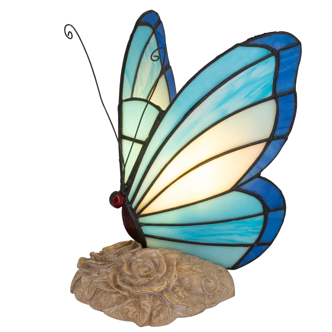 Roruvera Tiffany vlinderlamp met beige rozenreliëf voet van glas in lood in blauwtinten, brandend
