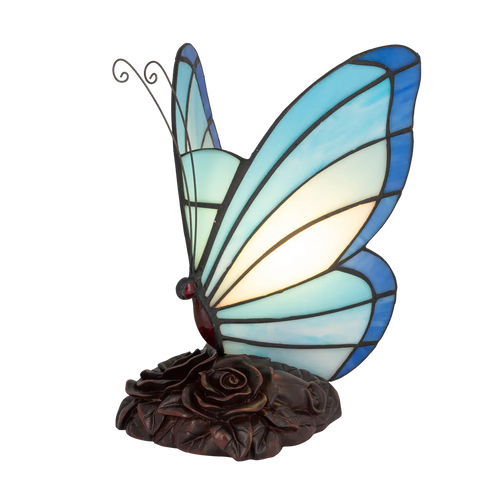Tiffany vlinderlamp – Blauw & Turquoise Glas – L 17 × B 16 × H 24 cm (Art. 8001)