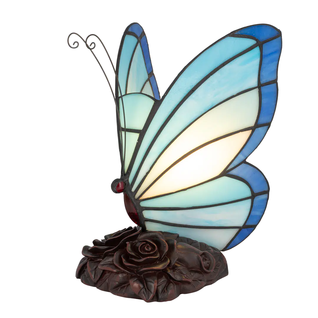 Roruvera Tiffany vlinderlamp met bronskleurige rozenreliëf voet van glas in lood in blauwtinten, brandend
