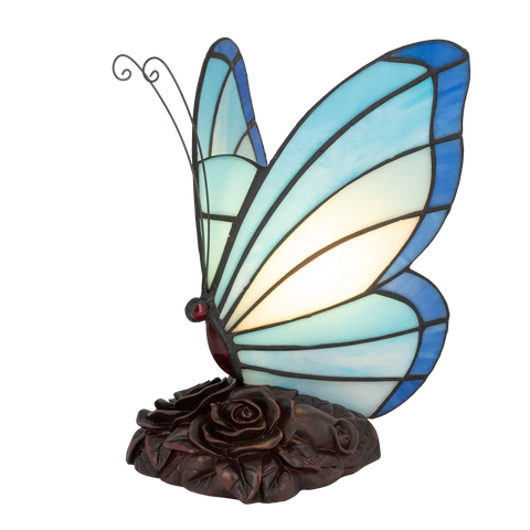 Roruvera Tiffany vlinderlamp met bronskleurige rozenreliëf voet van glas in lood in blauwtinten, brandend