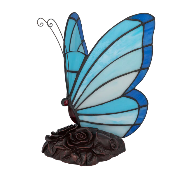 Tiffany vlinderlamp – Blauw & Turquoise Glas – L 17 × B 16 × H 24 cm (Art. 8001)