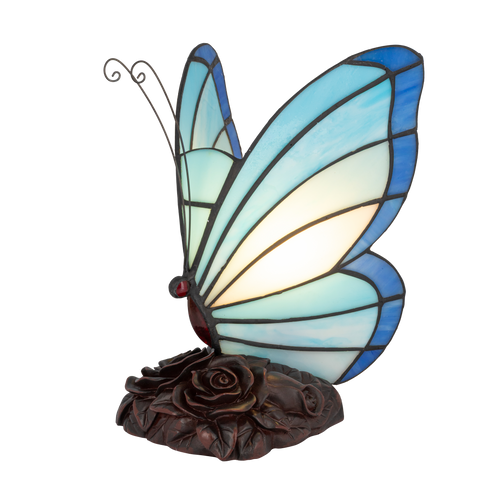 Tiffany vlinderlamp – Blauw & Turquoise Glas – L 17 × B 16 × H 24 cm (Art. 8001)