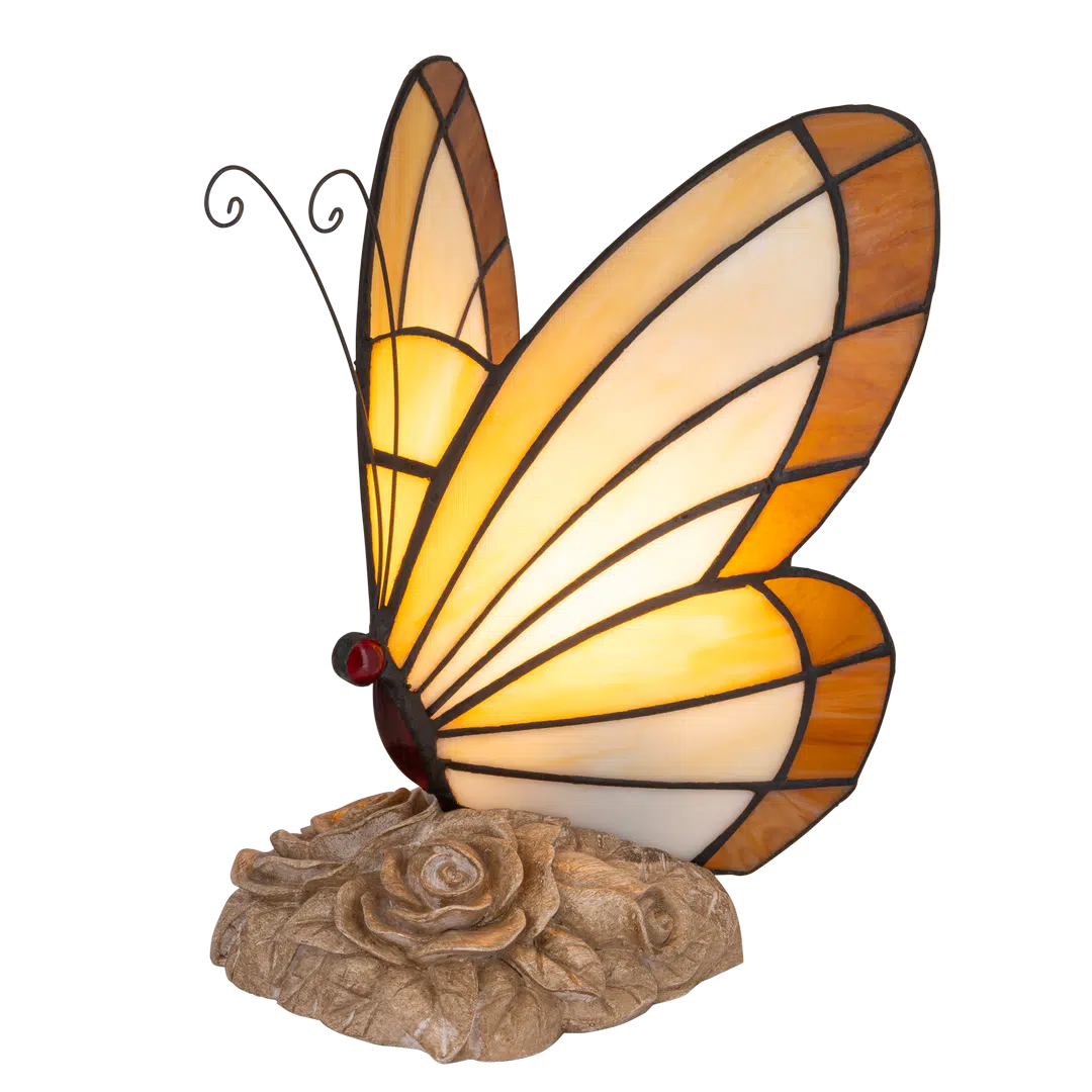 Roruvera Tiffany vlinderlamp met beige rozenreliëf voet van glas in lood in beige,- en bruintinten, brandend