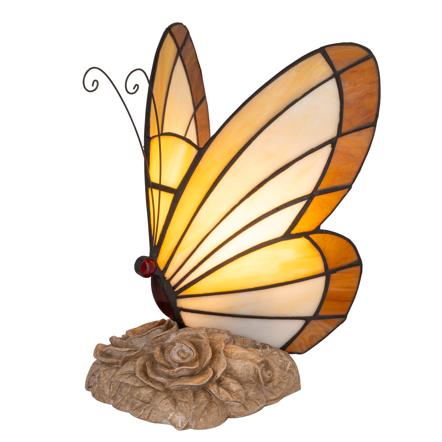 Tiffany vlinderlamp – Licht Crème, Amber & Wit Glas – H 24 cm (Art. 8002)