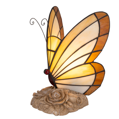 Tiffany vlinderlamp – Licht Crème, Amber & Wit Glas – H 24 cm (Art. 8002)