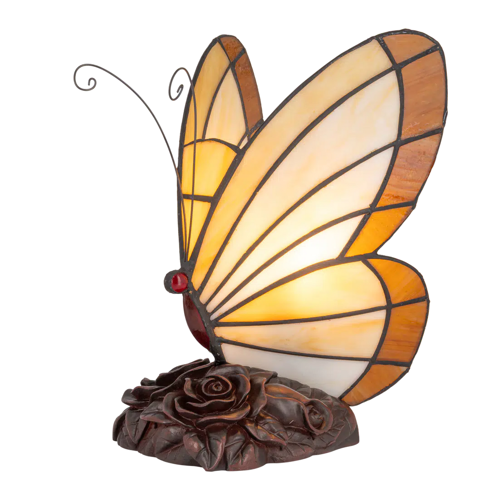 Tiffany vlinderlamp – Warm Crème & Amber Glas – H 24 cm (Art. 8003)