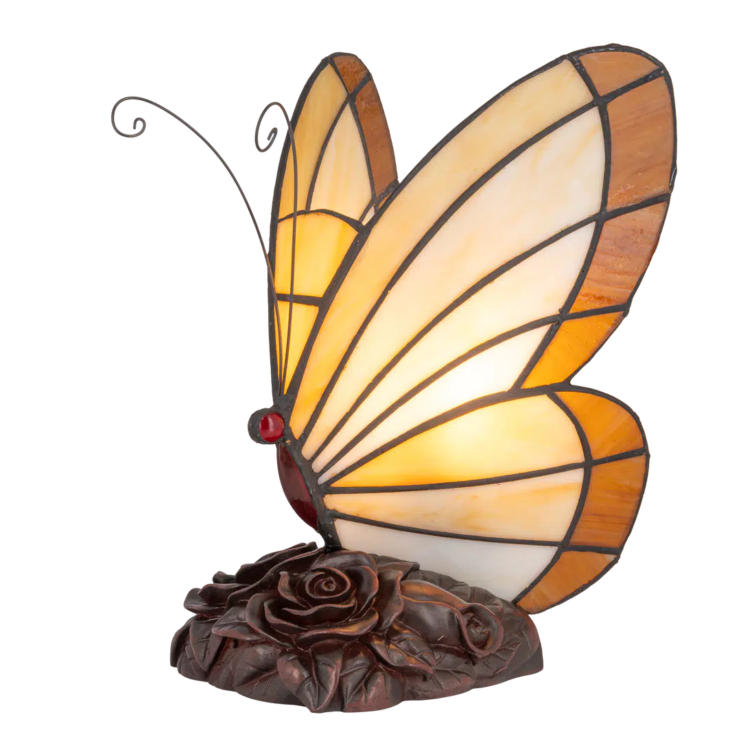 Roruvera Tiffany vlinderlamp met beige rozenreliëf voet van glas in lood in beige,- en bruintinten, brandend