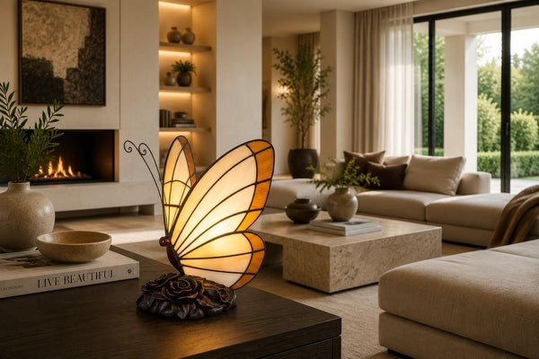 Tiffany vlinderlamp in warm crème en amber op een donkere houten kast in een moderne woonkamer | RORUVERA