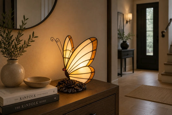 Tiffany vlinderlamp in warm crème en amber op een houten kast in een moderne hal | RORUVERA