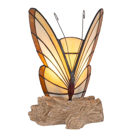 Tiffany vlinderlamp – Vlinder op Boomstronk in Amber & Crème – H 24 cm (Art. 8004)