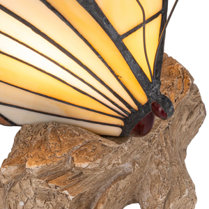 Tiffany vlinderlamp – Vlinder op Boomstronk in Amber & Crème – H 24 cm (Art. 8004)